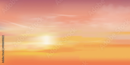 Sunrise in Morning with Orange,Yellow and Pink sky, Dramatic twilight landscape with Sunset in evening, Vector mesh horizon Sky  banner of sunrise or sunlight for four seasons background © Anchalee