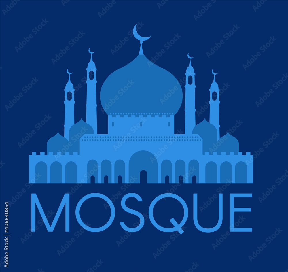 Mosque. Islamic mouslim design. Relirion silhouette. Blue sign