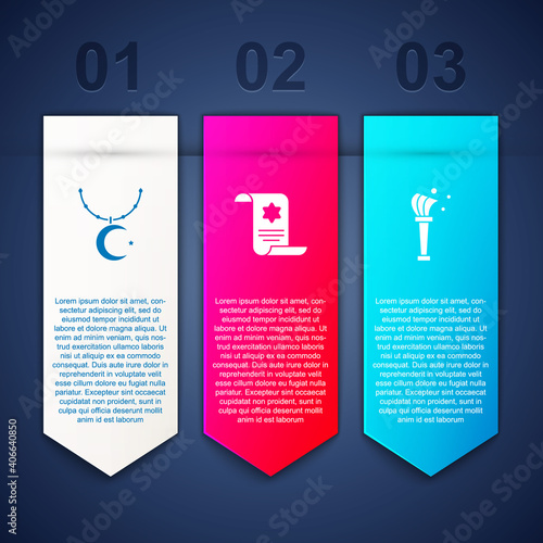 Set Star and crescent on chain, Torah scroll and Aspergillum. Business infographic template. Vector.