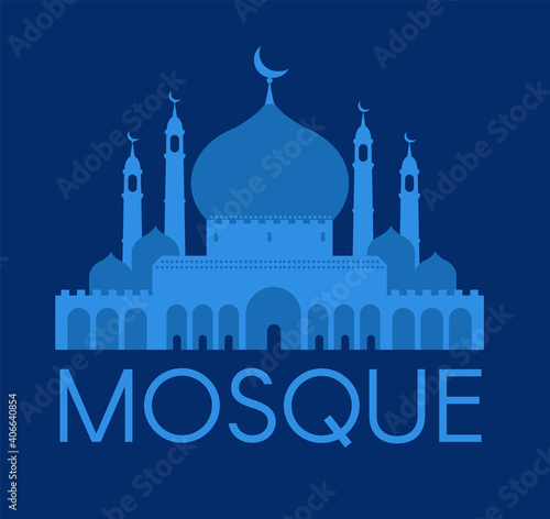 Mosque. Islamic mouslim design. Relirion silhouette. Blue sign