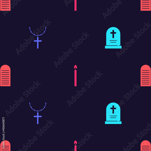 Set Tombstone with cross, Christian chain, Burning candle and The commandments on seamless pattern. Vector.