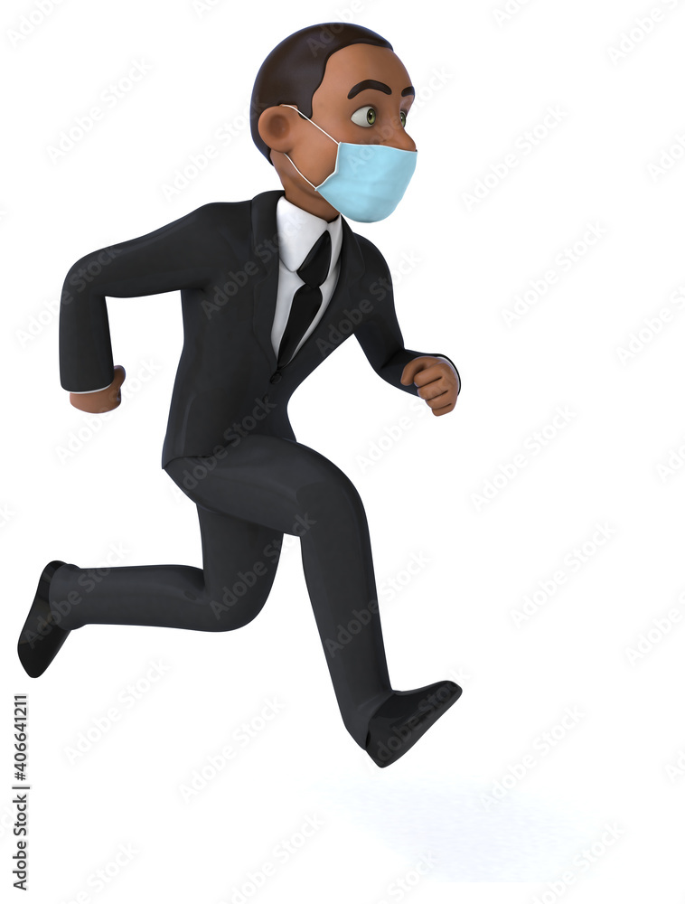 Fun 3D illustration of a black business man with a mask Fun 3D illustration of a black business man with a mask