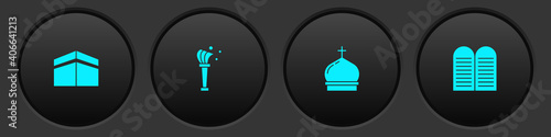 Set Kaaba mosque, Aspergillum, Church tower and The commandments icon. Vector.