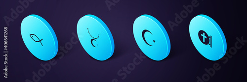 Set Isometric Christian cross, Star and crescent, on chain and fish icon. Vector.