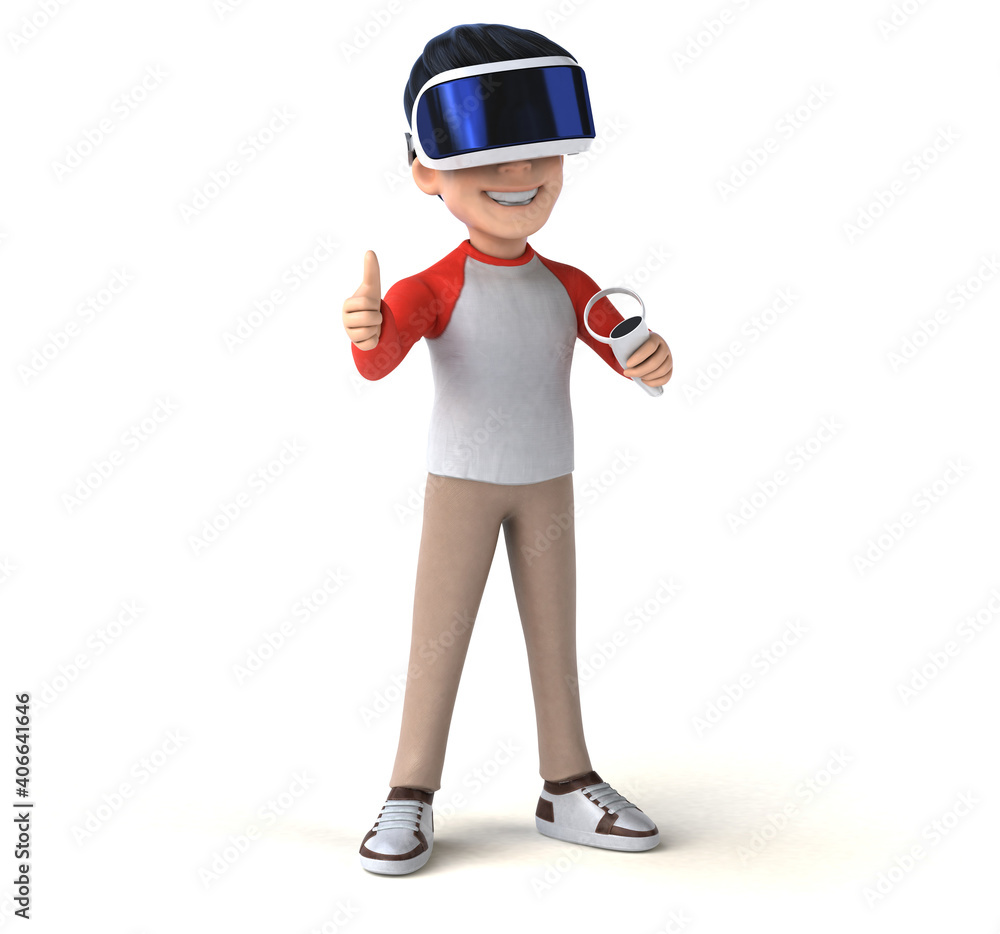 Fun 3D illustration of a cartoon kid with a VR helmet Fun 3D illustration of a cartoon kid with a VR helmet