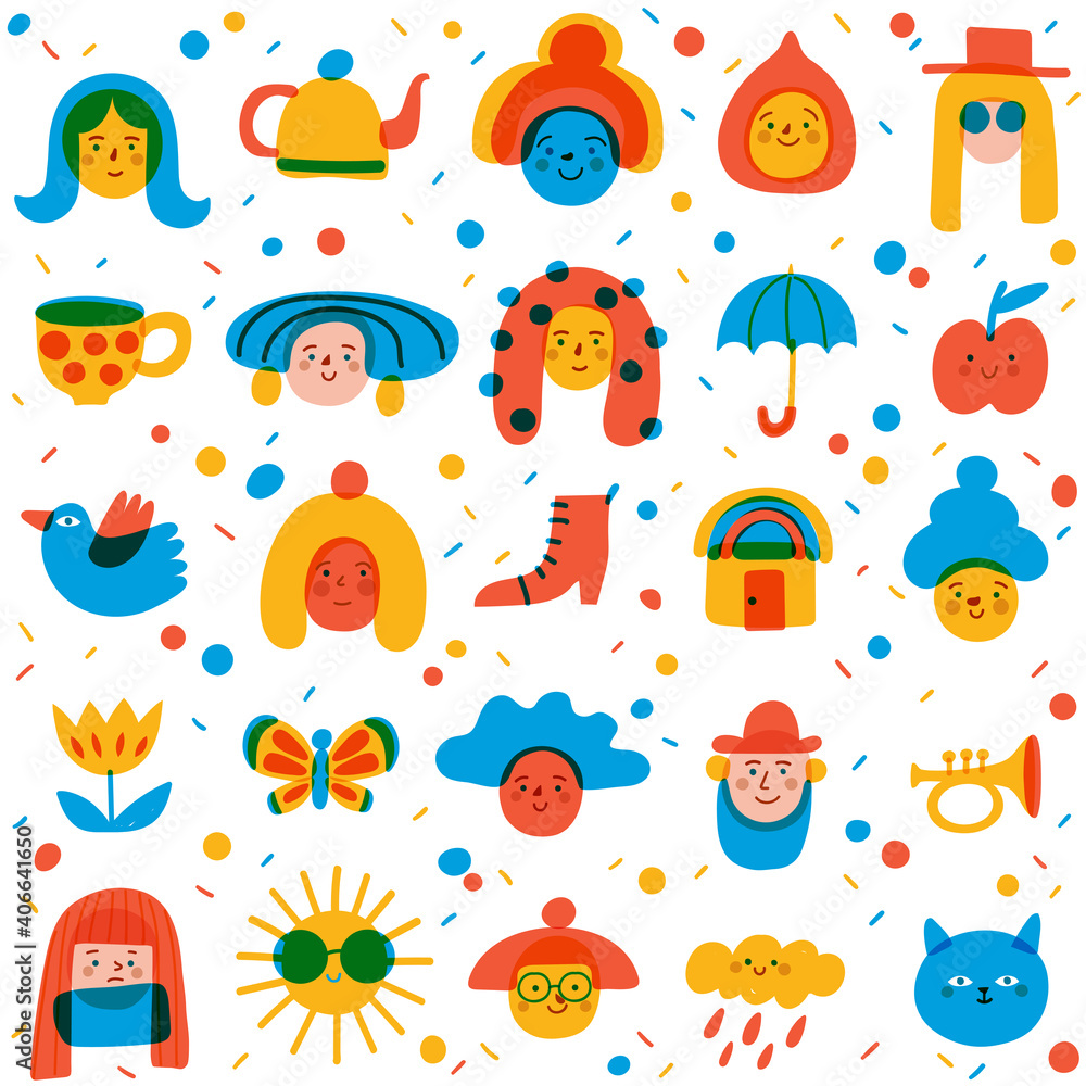 Seamless background with cute portraits, avatars and symbols for textile in cute doodle art style