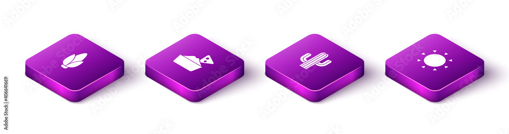 Set Isometric Corn, Nachos in bowl, Cactus and Sun icon. Vector. Set Isometric Corn, Nachos in bowl, Cactus and Sun icon. Vector.