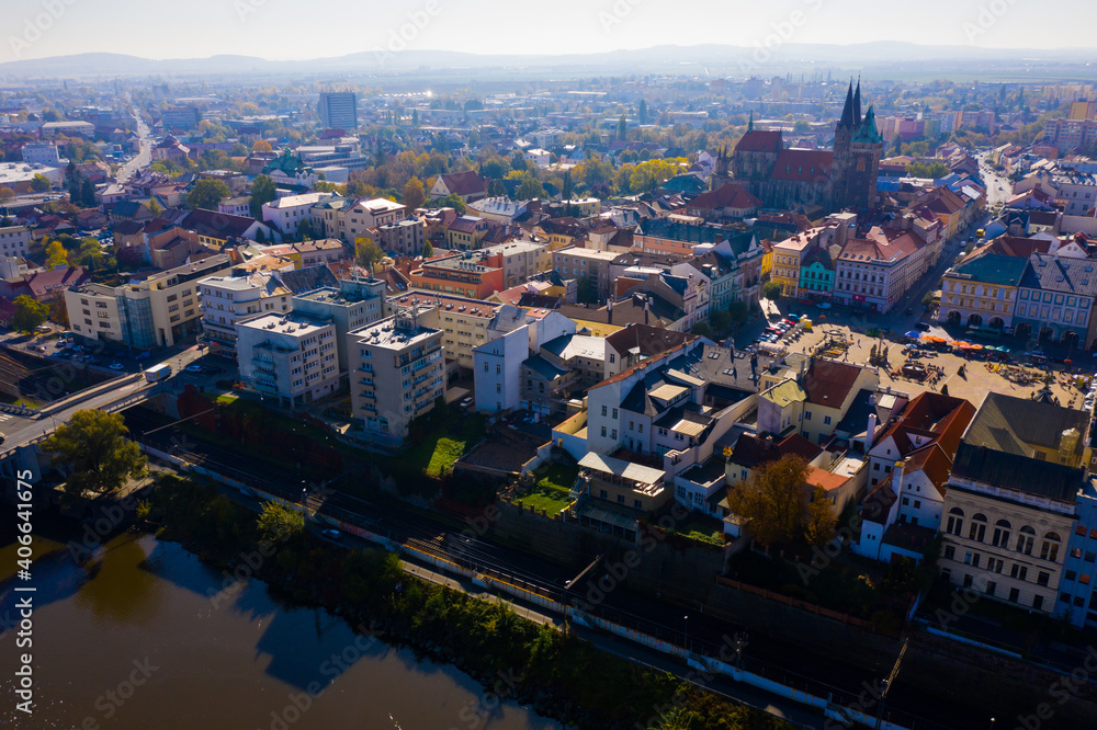 Panoramic view from above on the city Kolin and Laba river. Czech Republic