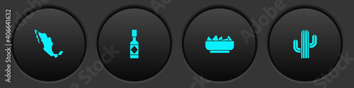 Set Map of mexican, Tabasco sauce, Nachos in bowl and Cactus icon. Vector.