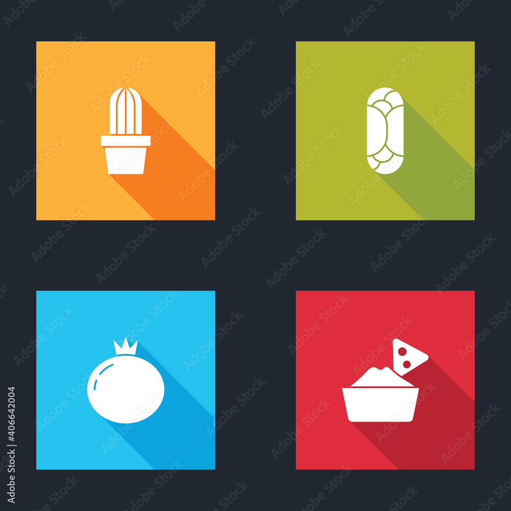 Set Cactus or succulent in pot, Burrito, Tomato and Nachos bowl icon. Vector. Set Cactus or succulent in pot, Burrito, Tomato and Nachos bowl icon. Vector.