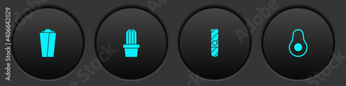 Set Burrito, Cactus or succulent in pot, Cigar and Avocado fruit icon. Vector.
