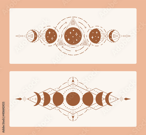 Magic moon with sacred geometry tattoo design. Monochrome boho vector illustration