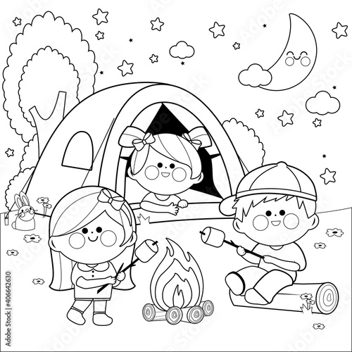 Children in a forest camping site at night. Vector black and white coloring page
