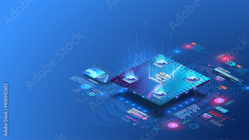Digital background. Cube, box, blockchain consists matrix of digits. Futuristic microchip CPU processor with lights on the blue background. Quantum computer, large data processing, database concept.AI