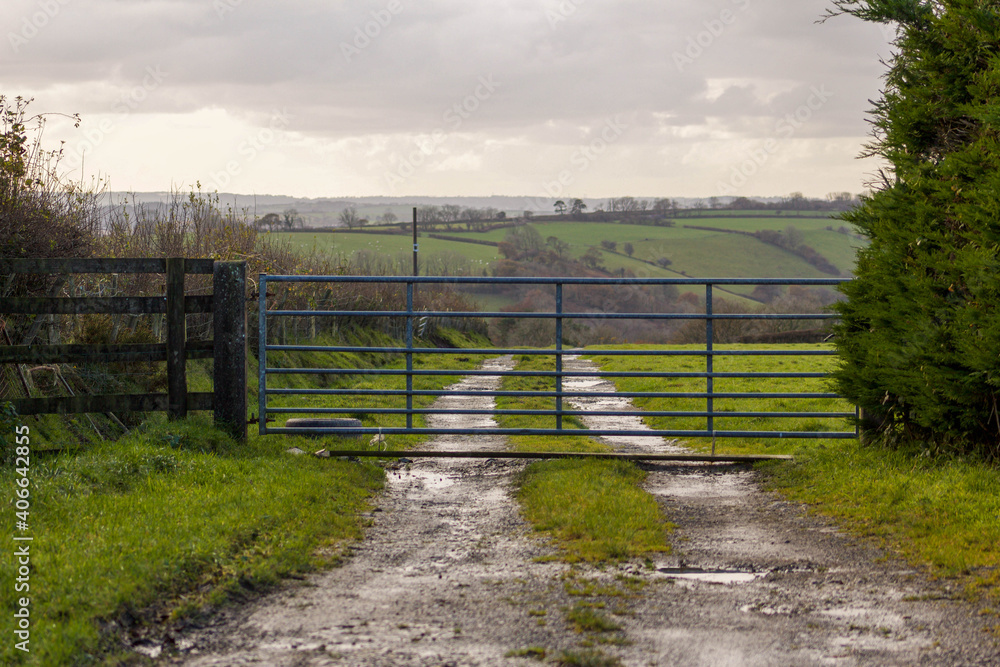 Locked gate across an entrance to an agricultural field