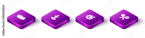 Set Isometric Nachos in bowl, Mexican man sombrero, Tabasco sauce and Maracas icon. Vector.
