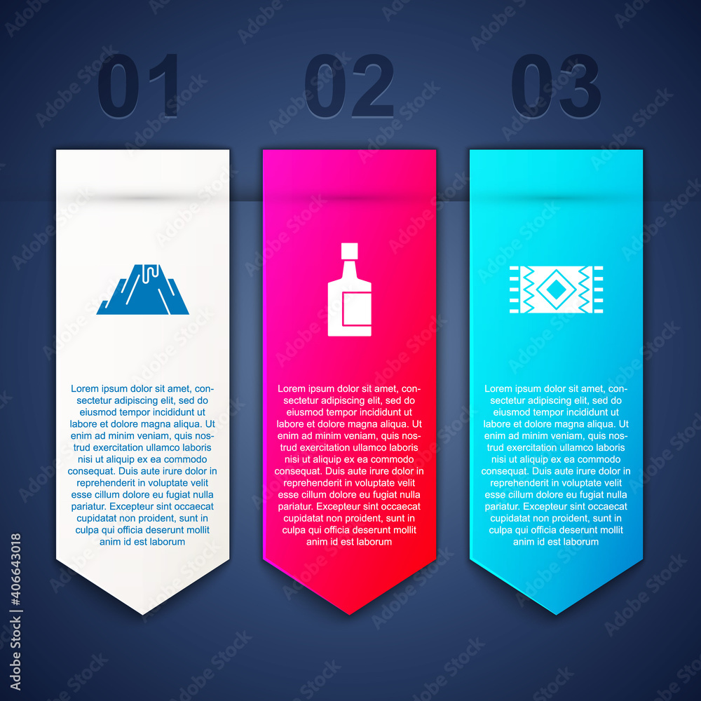 Set Volcano eruption with lava, Tequila bottle and Mexican carpet. Business infographic template. Vector. Set Volcano eruption with lava, Tequila bottle and Mexican carpet. Business infographic template. Vector.