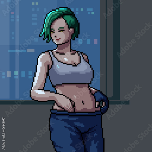 pixel art scene woman pose at window