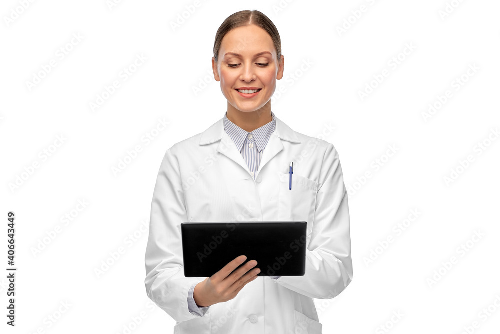 medicine, profession and healthcare concept - happy smiling female doctor or scientist in white coat with tablet pc computer medicine, profession and healthcare concept - happy smiling female doctor or scientist in white coat with tablet pc computer