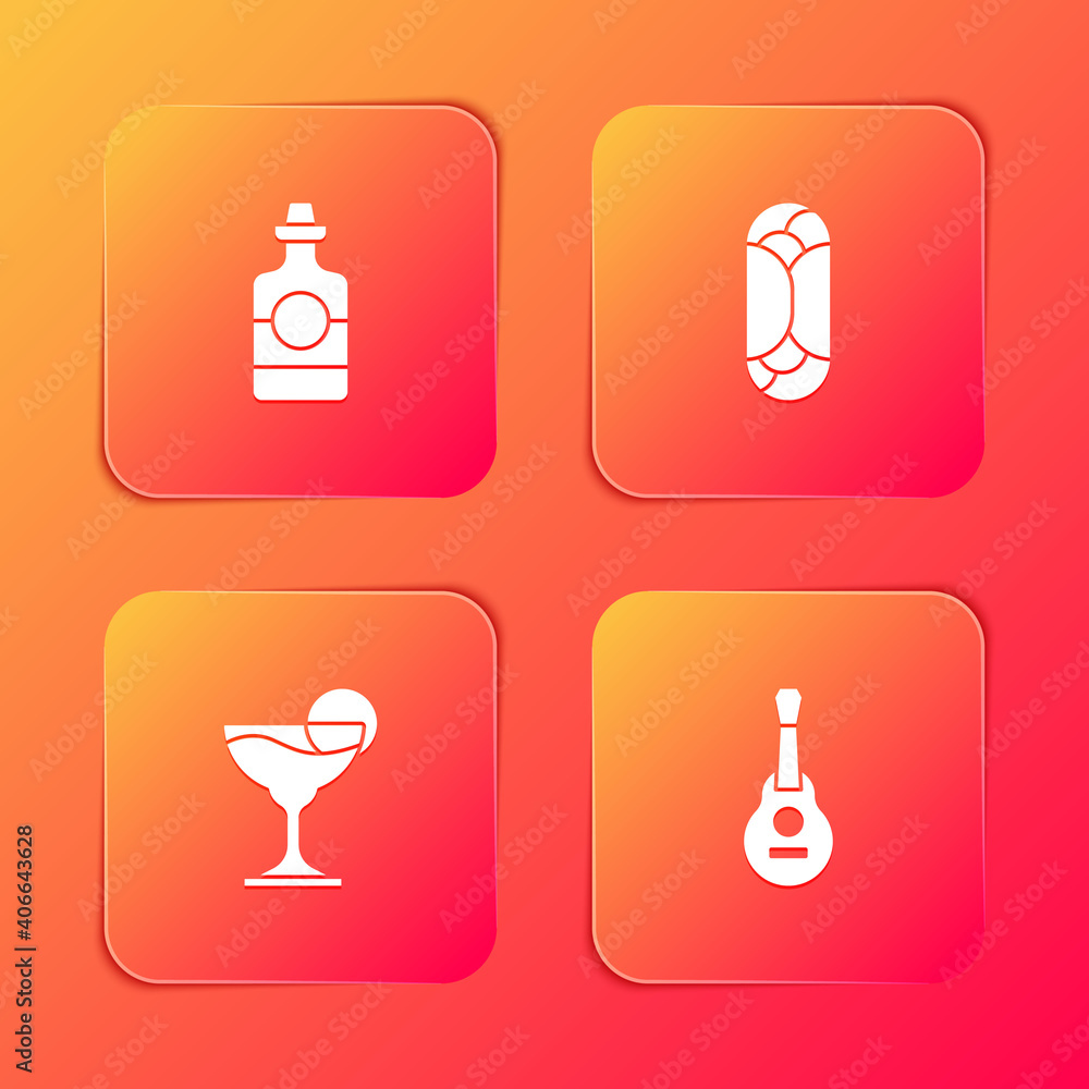 Set Tequila bottle, Burrito, Margarita cocktail and Mexican guitar icon. Vector. Set Tequila bottle, Burrito, Margarita cocktail and Mexican guitar icon. Vector.