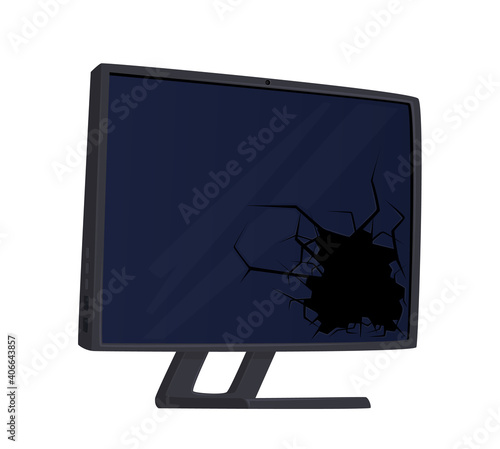 Broken Computer Monitor with Hole and Cracks on Screen Isolated on White Background. Destroyed Appliances, Pc Repair