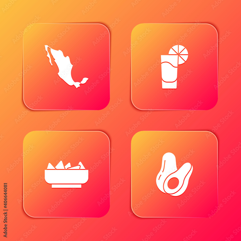 Set Map of mexican, Tequila glass with lemon, Nachos in bowl and Avocado fruit icon. Vector. Set Map of mexican, Tequila glass with lemon, Nachos in bowl and Avocado fruit icon. Vector.