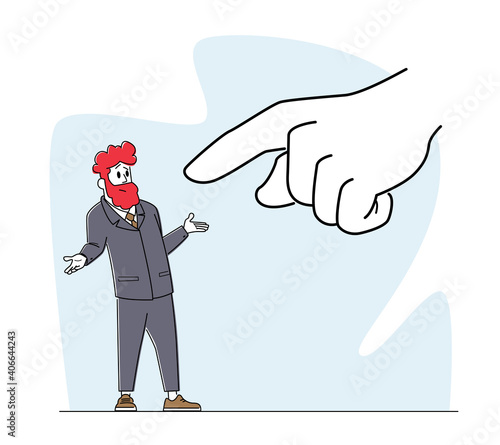 Confused Businessman is Blamed with Huge Hand Pointing on him with Index Finger. Business Man Character Job Burdens