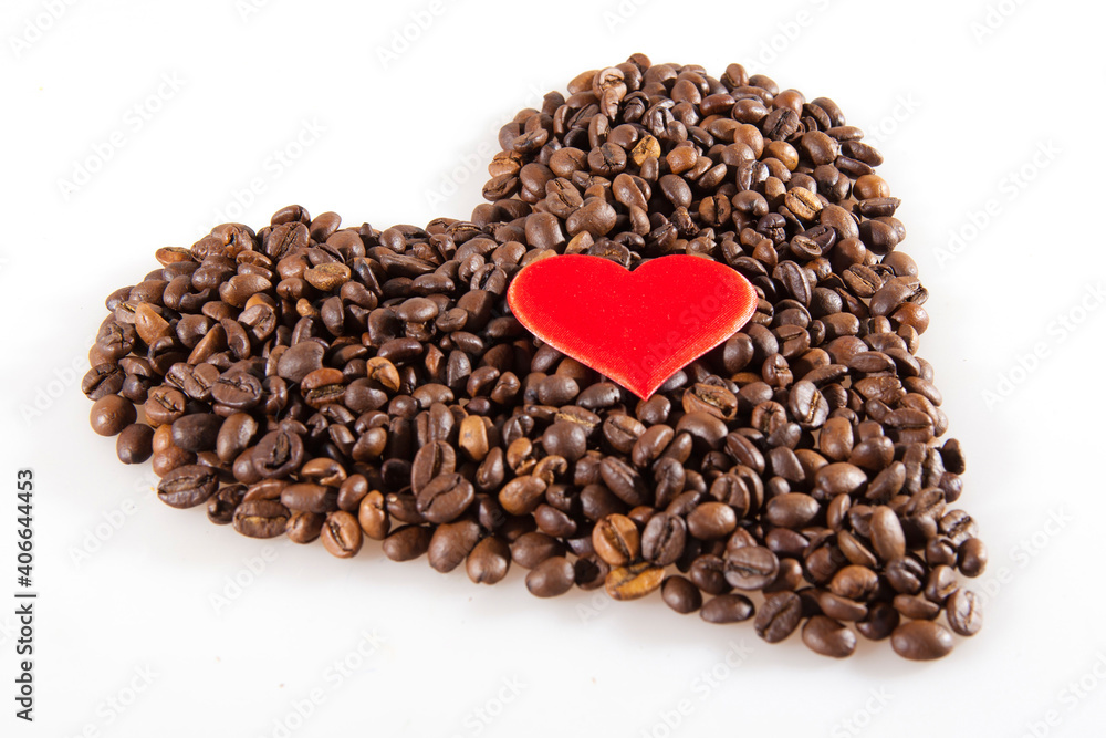 Coffee beans in heart shape with a Small red heart. White background isolated Coffee beans in heart shape with a Small red heart. White background isolated