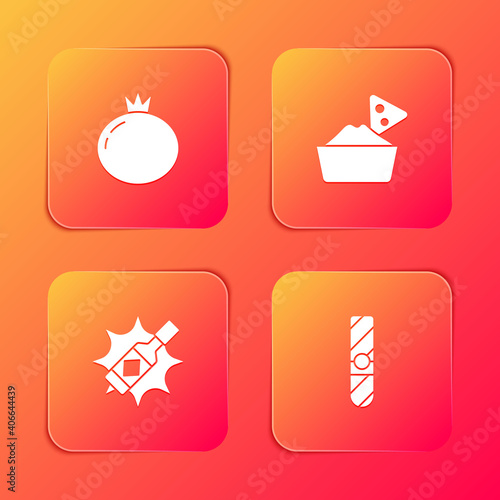 Set Tomato, Nachos in bowl, Tabasco sauce and Cigar icon. Vector.