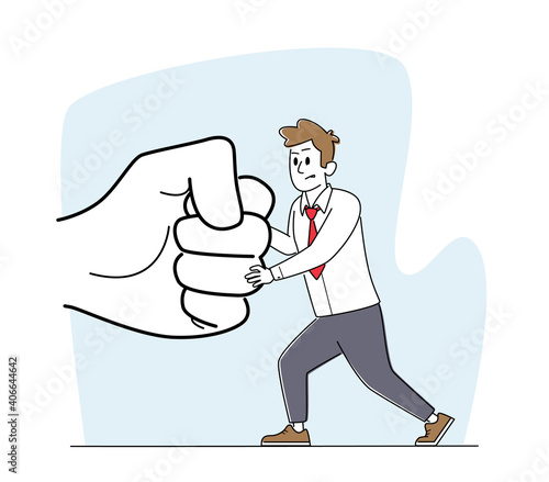 Businessman Character Prevent Threat Concept. Tiny Business Man Fighting with Huge Fist. Global Economic Crisis
