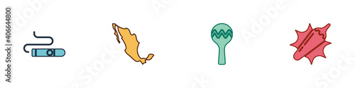 Set Cigar, Map of mexican, Maracas and Hot chili pepper pod icon. Vector.