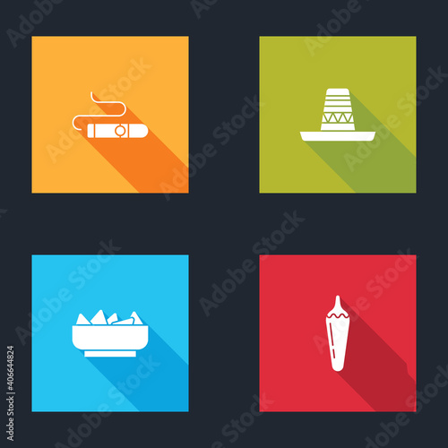 Set Cigar, Mexican sombrero, Nachos in bowl and Hot chili pepper pod icon. Vector.