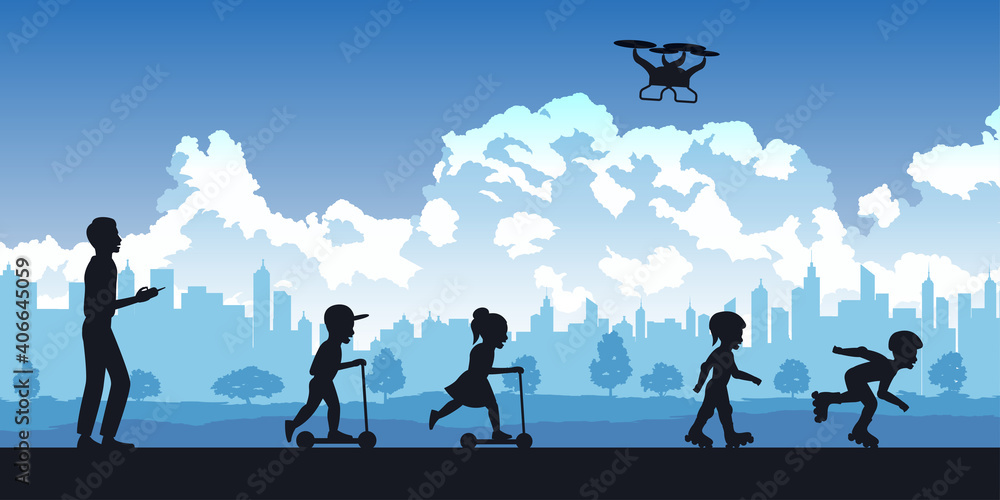 Silhouette of activities of people in park man playing drone,chlidren play scooter and roller skate