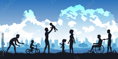 Silhouette of activities of people in park father teach son to ride bicycle,family relax and son take care of his dad