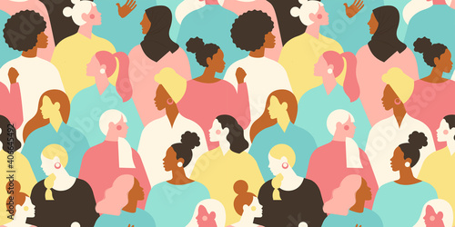International Womens Day. Vector seamless pattern with with groupe of women different nationalities and cultures. Struggle for freedom, independence, equality.