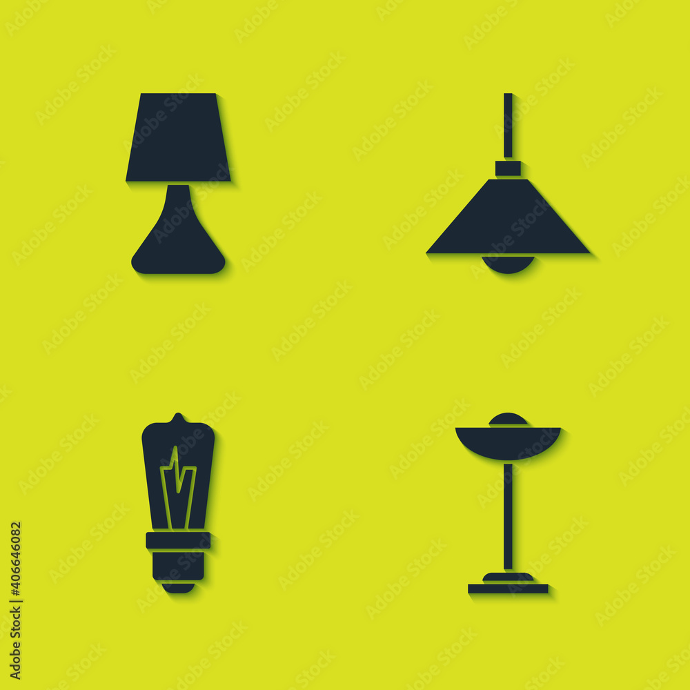 Set Table lamp, Floor, Light bulb and Lamp hanging icon. Vector. Set Table lamp, Floor, Light bulb and Lamp hanging icon. Vector.