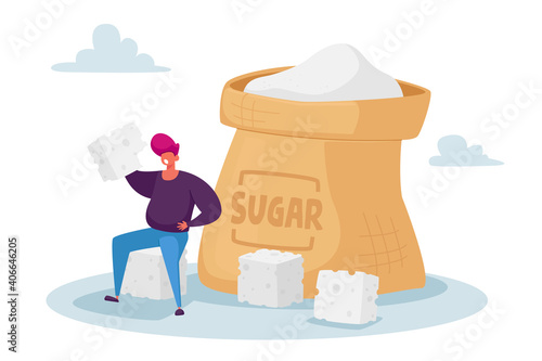 Overdose Glucose Eating Problem, Sugar Addiction Concept. Tiny Fat Character Sitting at Huge Sugar Sack with Sugar Cubes