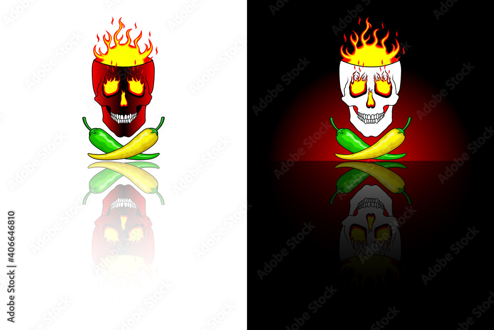 Super Hot peppers. Yellow green hot peppers on the background of burning skull. With mirror reflection