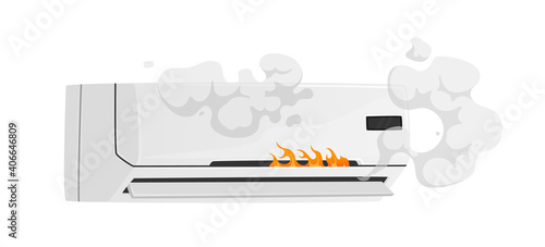 Broken Conditioner with Smoke and Fire Isolated on White Background. Destroyed Household Appliances, Damaged Technics