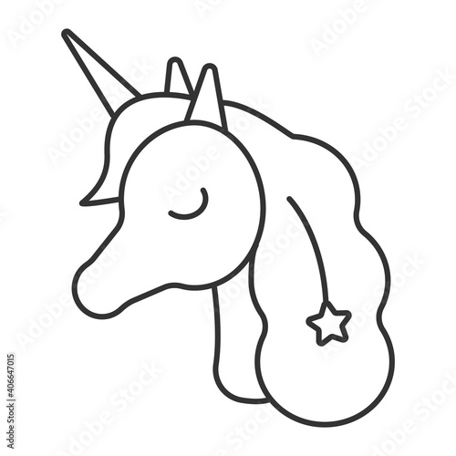 Unicorn icon vector. Horse head sleeping sticker in outline style. Magic animal with horn and star. Kid, baby logo