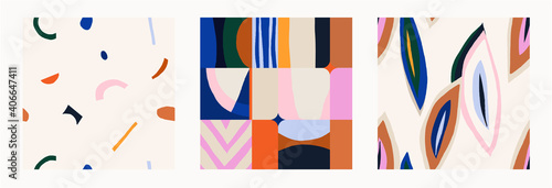 Set of three modern colorful  patterns. Hand drawn trendy abstract illustrations. Creative collage seamless patterns. 