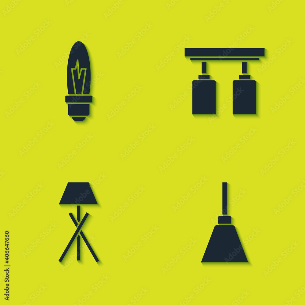 Set Light bulb, Chandelier, Floor lamp and Led track lights lamps icon. Vector. Set Light bulb, Chandelier, Floor lamp and Led track lights lamps icon. Vector.