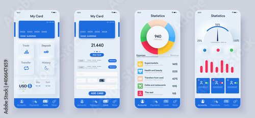 Set of UI, UX, GUI screens Banking app flat design template for mobile apps. Unique neumorphic ui ux design kit. Responsive website wireframes. Checking accounts and transaction confirmation. Mockup