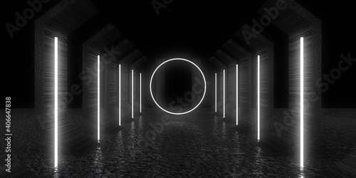 3D abstract background with neon lights. neon tunnel .space construction . 3d illustration