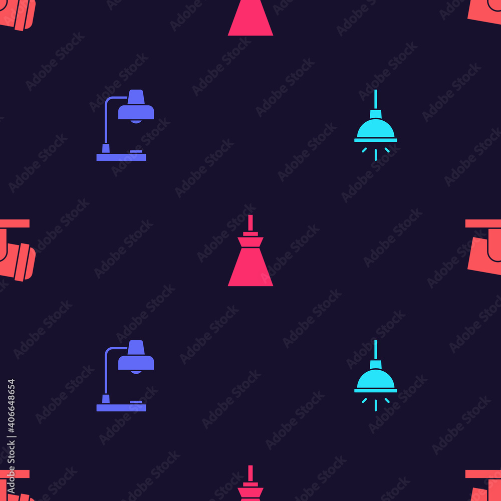 Set Chandelier, Table lamp, Lamp hanging and Led track lights lamps on seamless pattern. Vector.