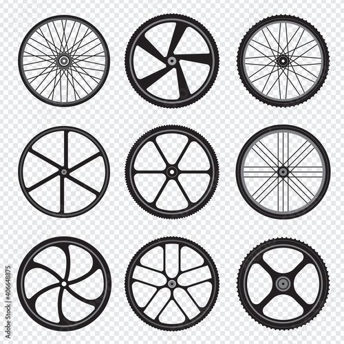 Bike wheels. Motor bicycle round shapes circle stylized fitness activity symbols.. Rubber gear wheel to bicycle, mountain bike circle illustration