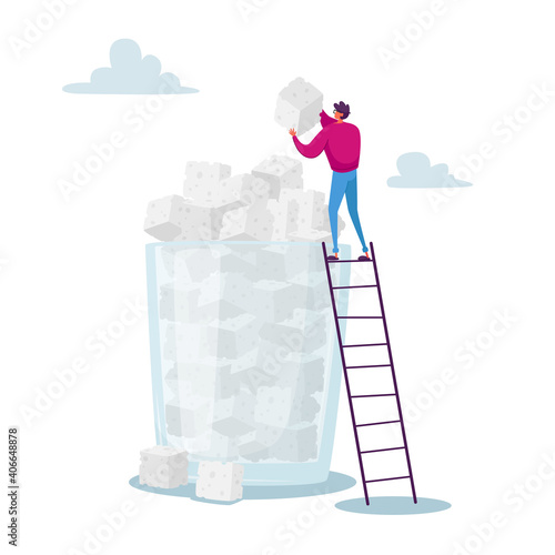 Sugar Addiction Concept. Tiny Character Stand on Ladder Put Sugar Cube on Top of Huge Pile in Glass. Overdose Glucose