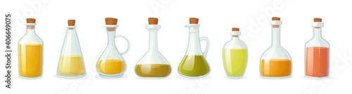 Set of Olive Oil Bottle of Different Shapes Isolated on White Background. Glass Flasks with Short and Long Narrow Neck