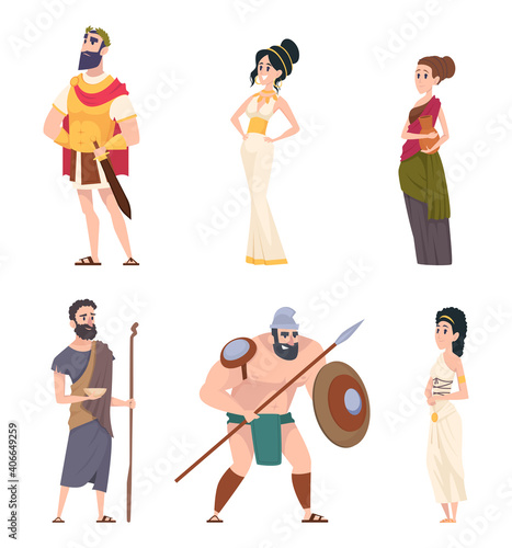 Ancient rome characters. Coliseum gladiator warriors with weapon citizens men traditional cultural persons exact vector people. Illustration ancient history, roman and greece gladiator