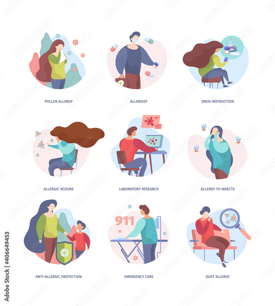 Fototapeta premium Sneezing allergies. Sickness characters season medical respiration problems vector garish flat. Medical allergic situation, influenza illness illustration